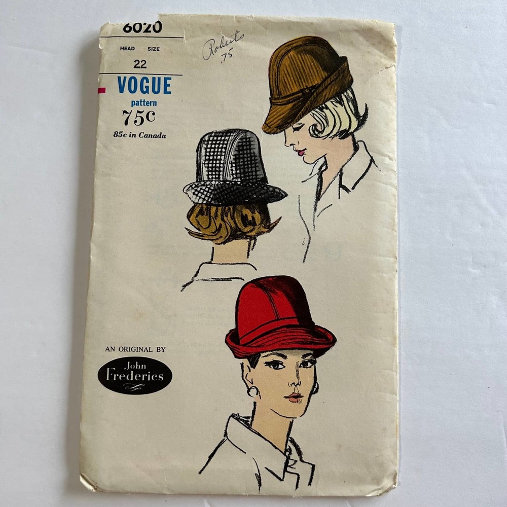 Vogue Vintage 1960's Pattern #6020 John Frederics Chapeaux‎ Hats Size 22 RARE